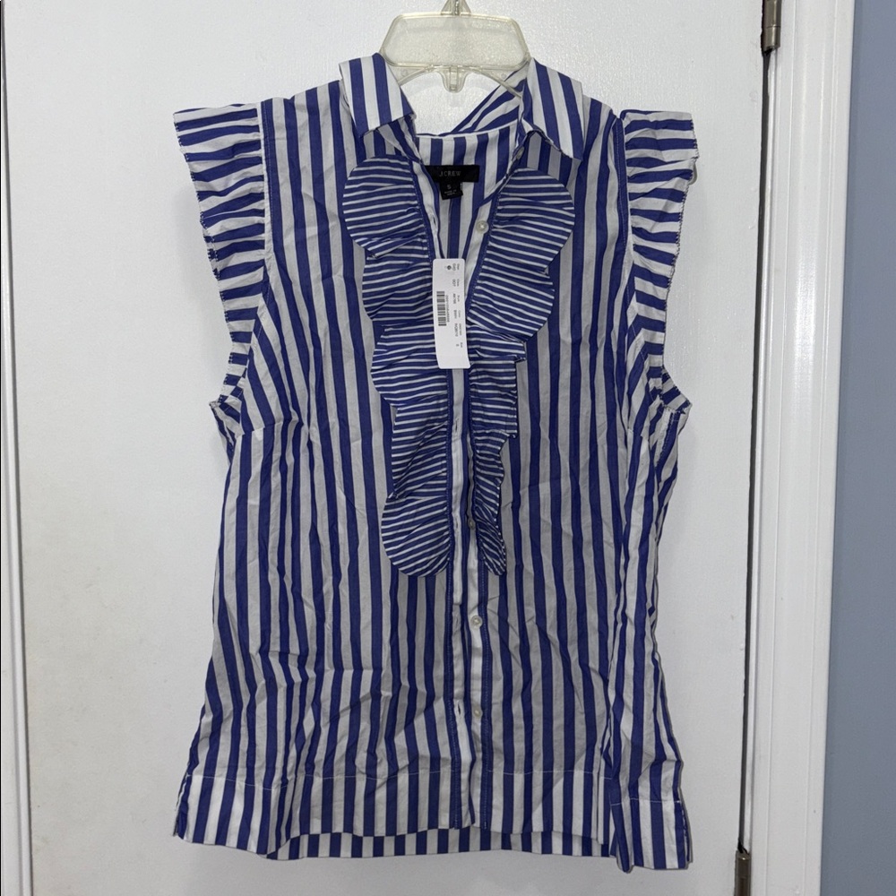 J. Crew Navy and White Striped Ruffle Blouse size small NWT
